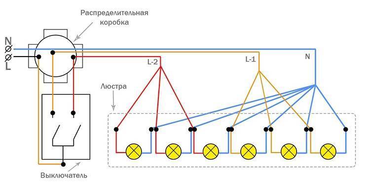 Схема подключения люстры на двухклавишный выключатель